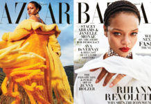 Rihanna người diện đồ hiệu, chân đi cao gót, tay xách túi rách trên bìa tạp chí danh tiếng.